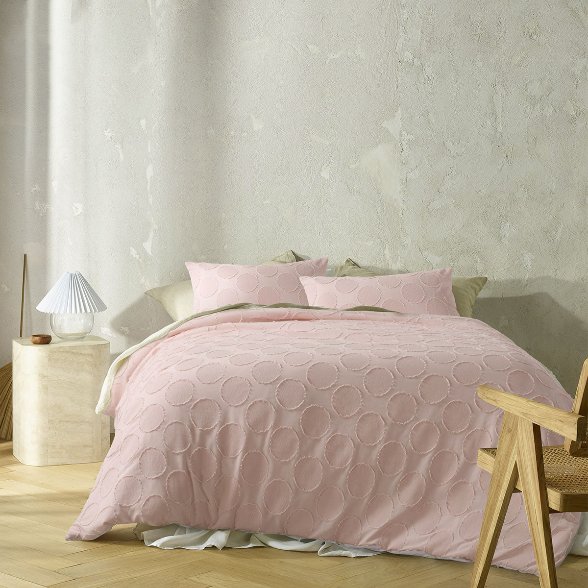 Accessorize Orion Blush Cotton Quilt Cover Set King featuring applique circle design in soft blush color, perfect for a cozy bedroom.