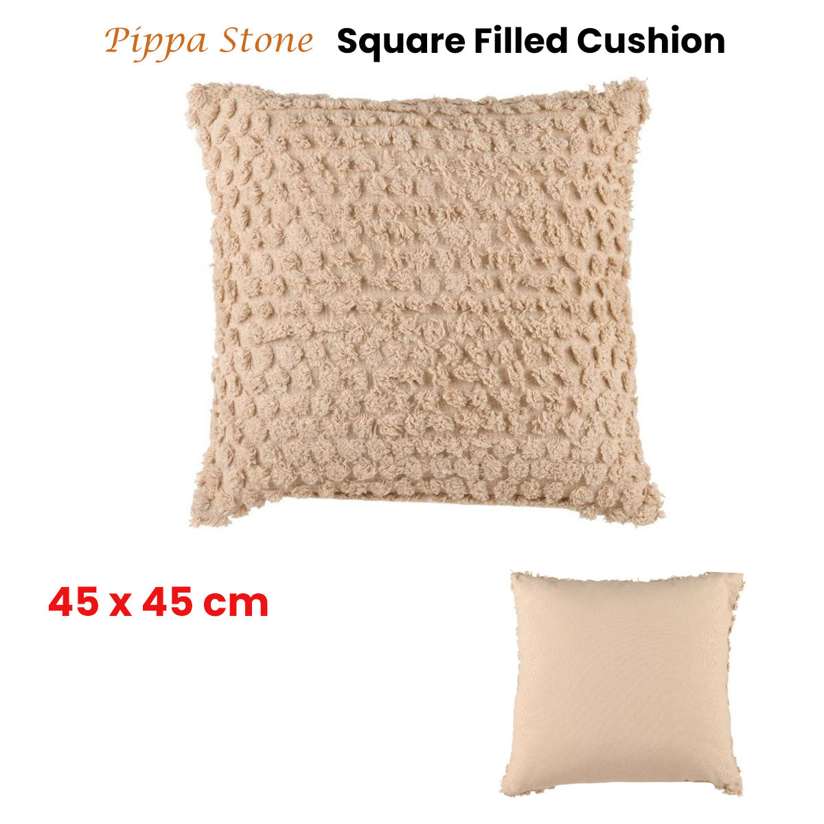 Accessorize Pippa Stone Square Filled Cushion, 45cm x 45cm, featuring a textured design in a soft stone color tone.
