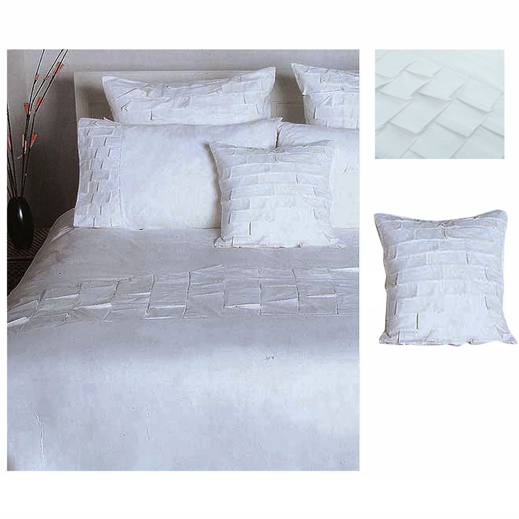 Accessorize Pleats White Cotton Quilt Cover Set featuring elegant pleats design, includes quilt cover, pillowcases, and bonus cushion cover.