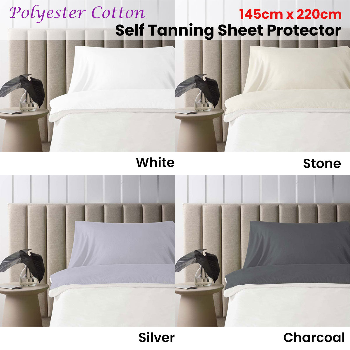 Accessorize Self Tanning Polyester Cotton Sheet Protector in solid color, measuring 145cm x 220cm, designed to prevent tanning stains on bedding.