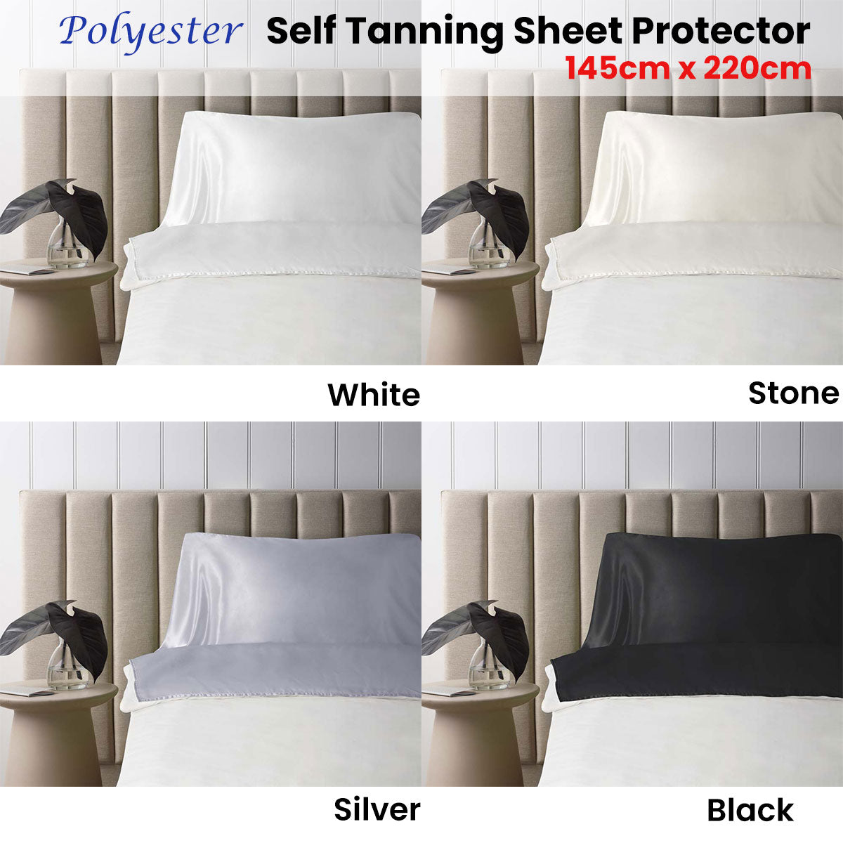 Accessorize Self Tanning Polyester Sheet Protector in stone color, measuring 145cm x 220cm, designed to prevent tanning stains on bedding.