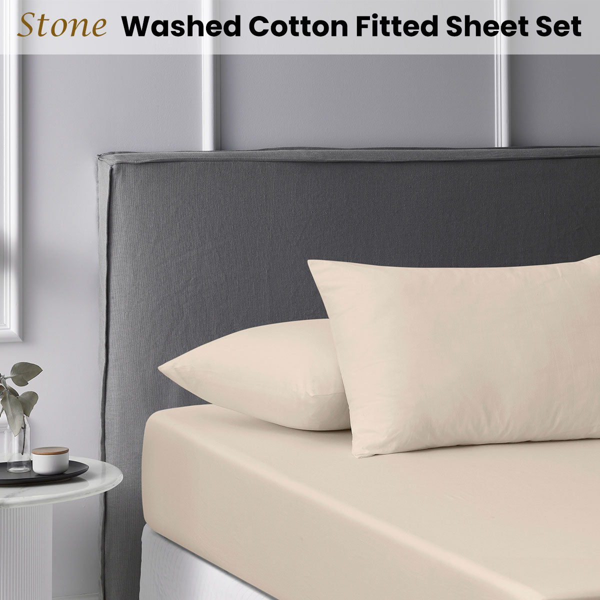 Accessorize Stone Washed Cotton Fitted Sheet Set Queen in soft cotton fabric, featuring a solid color design and included pillowcases.