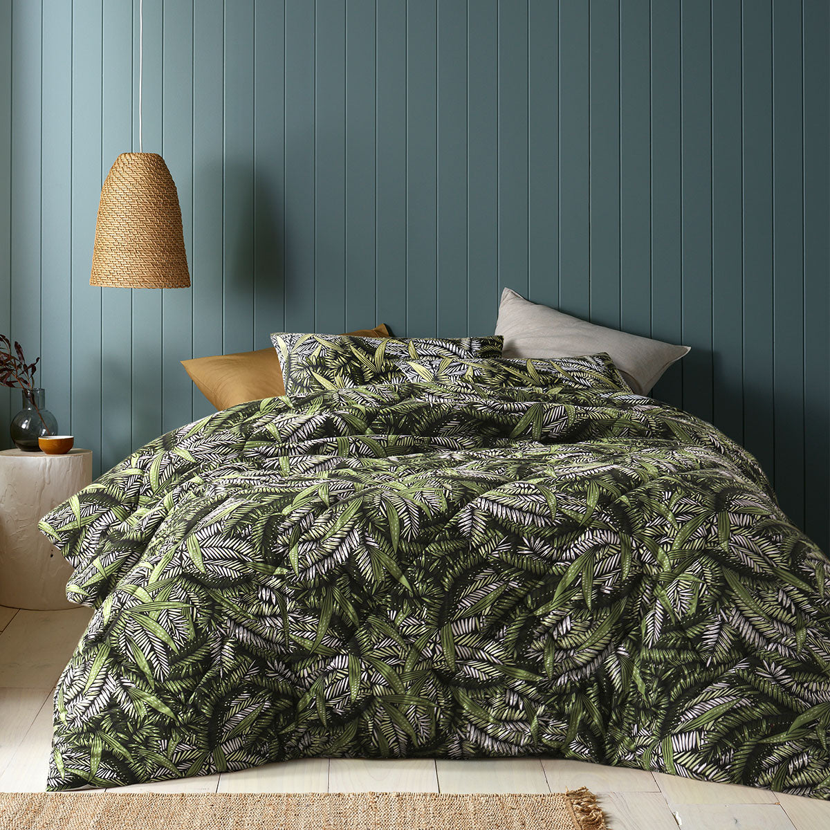 Accessorize Styx Washed Cotton Printed 3 Piece Comforter Set King featuring foliage design in white, green, and black tones, with a soft cotton texture.