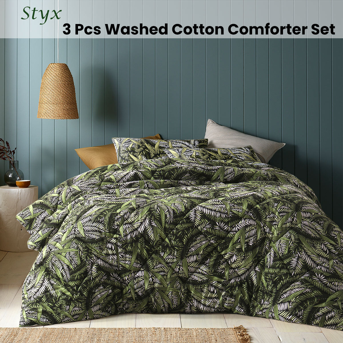 Accessorize Styx Washed Cotton Printed 3 Piece Comforter Set King featuring foliage design in white, green, and black tones, with a soft cotton texture.