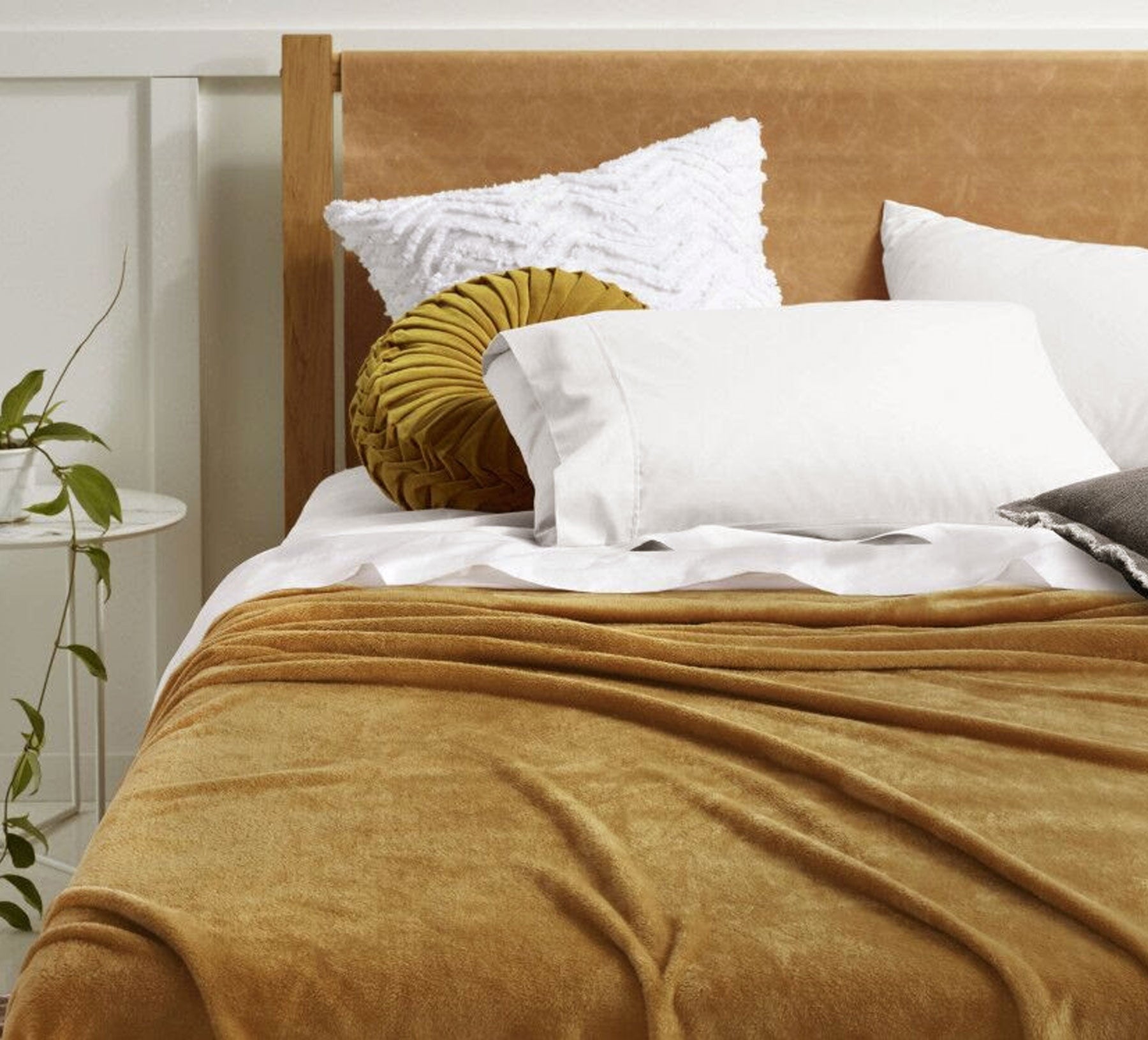 Accessorize Super Soft Blanket in Gold Harmony, plush microfiber fabric, perfect for Queen/King beds, showcasing a luxurious solid color design.