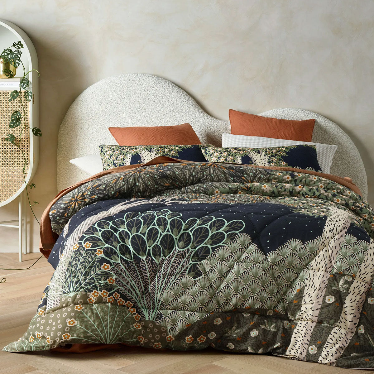 Accessorize The Forest Linen Cotton Digital Printed Comforter Set featuring a forest theme design in vibrant colors, including black, green, and orange.
