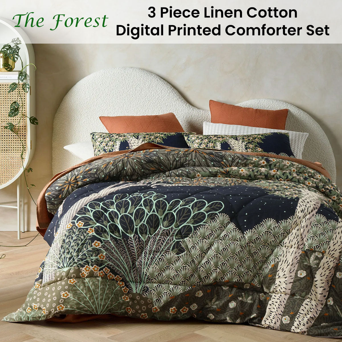 Accessorize The Forest Linen Cotton Digital Printed Comforter Set featuring a forest theme design in vibrant colors, including black, green, and orange.