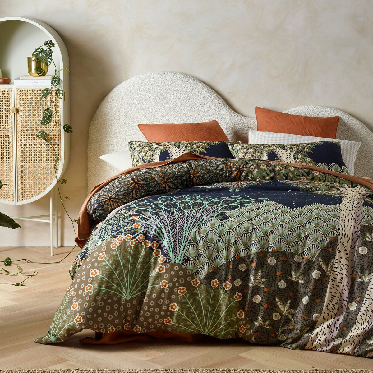 Accessorize The Forest Printed Linen Cotton Quilt Cover Set featuring a serene forest design in warm hues, perfect for a queen-sized bed.