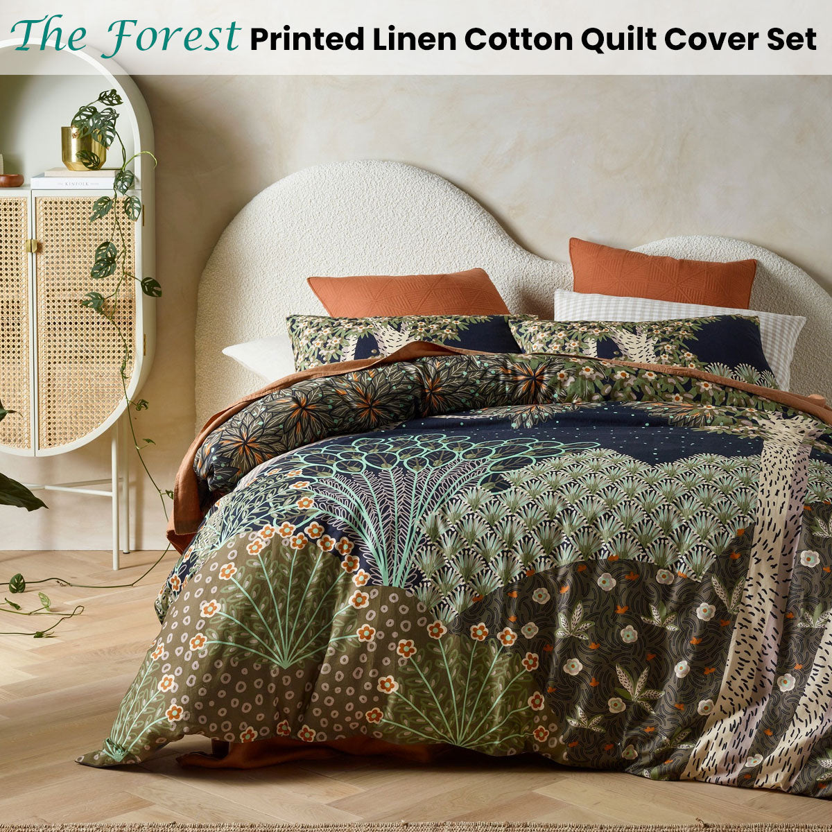 Accessorize The Forest Printed Linen Cotton Quilt Cover Set featuring a serene forest design in warm hues, perfect for a queen-sized bed.