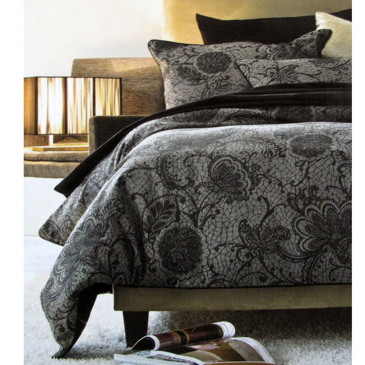 Accessorize Trudie Black Jacquard Quilt Cover Set Single featuring floral jacquard pattern in black and grey, includes quilt cover and pillowcase.
