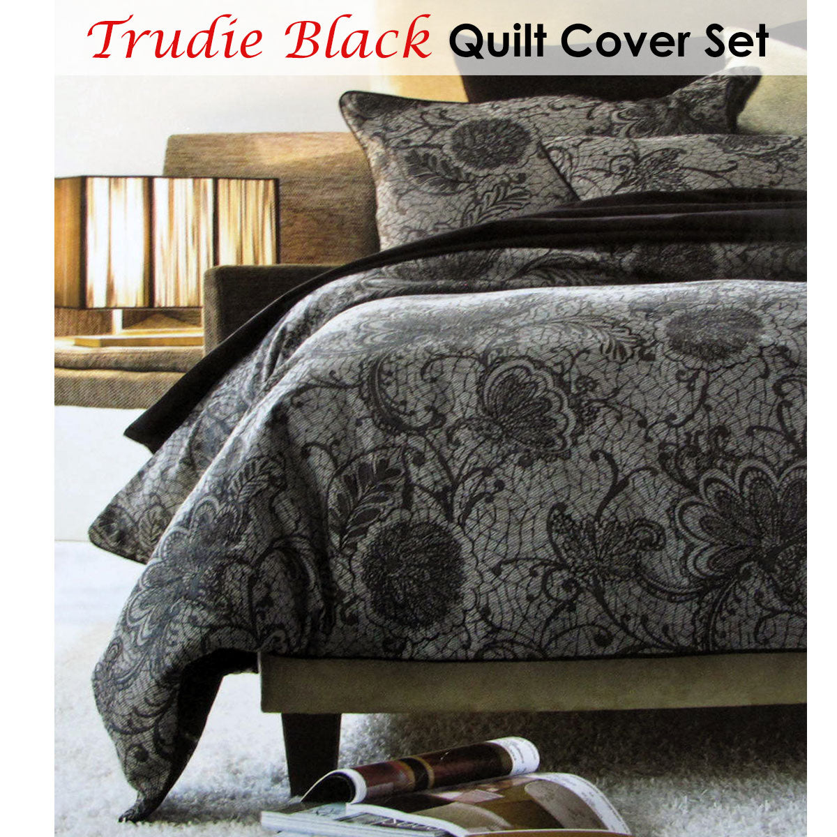 Accessorize Trudie Black Jacquard Quilt Cover Set Single featuring floral jacquard pattern in black and grey, includes quilt cover and pillowcase.