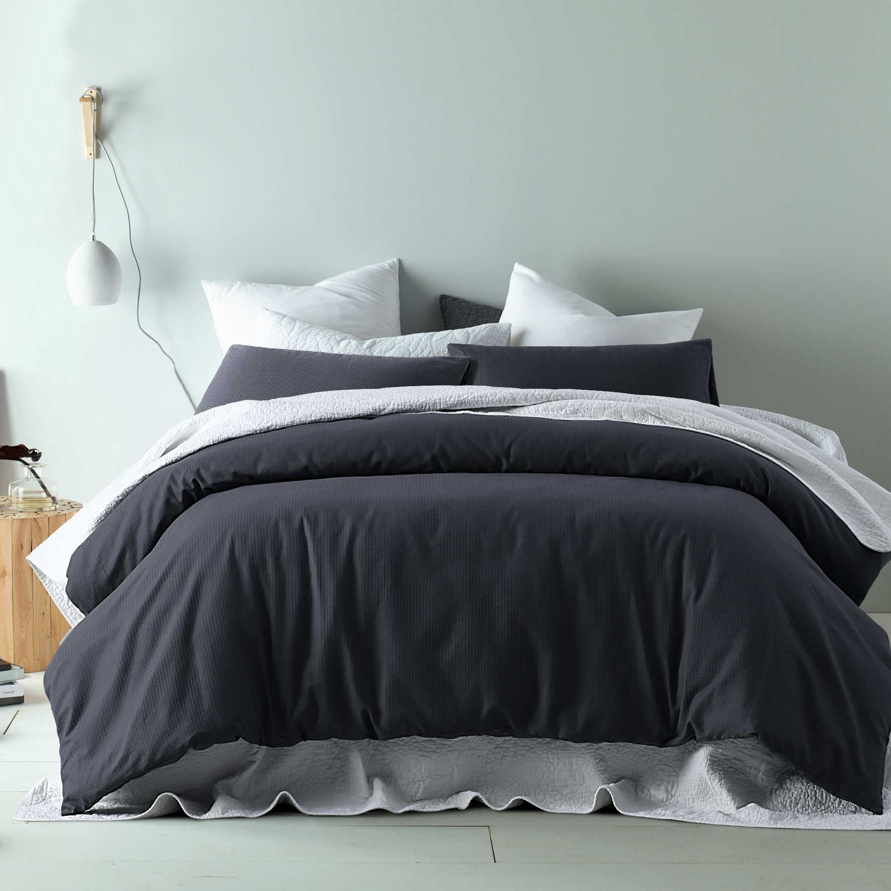 Accessorize Waffle Slate Cotton Blend Quilt Cover Set King featuring a waffle design in neutral tones, perfect for stylish bedroom decor.