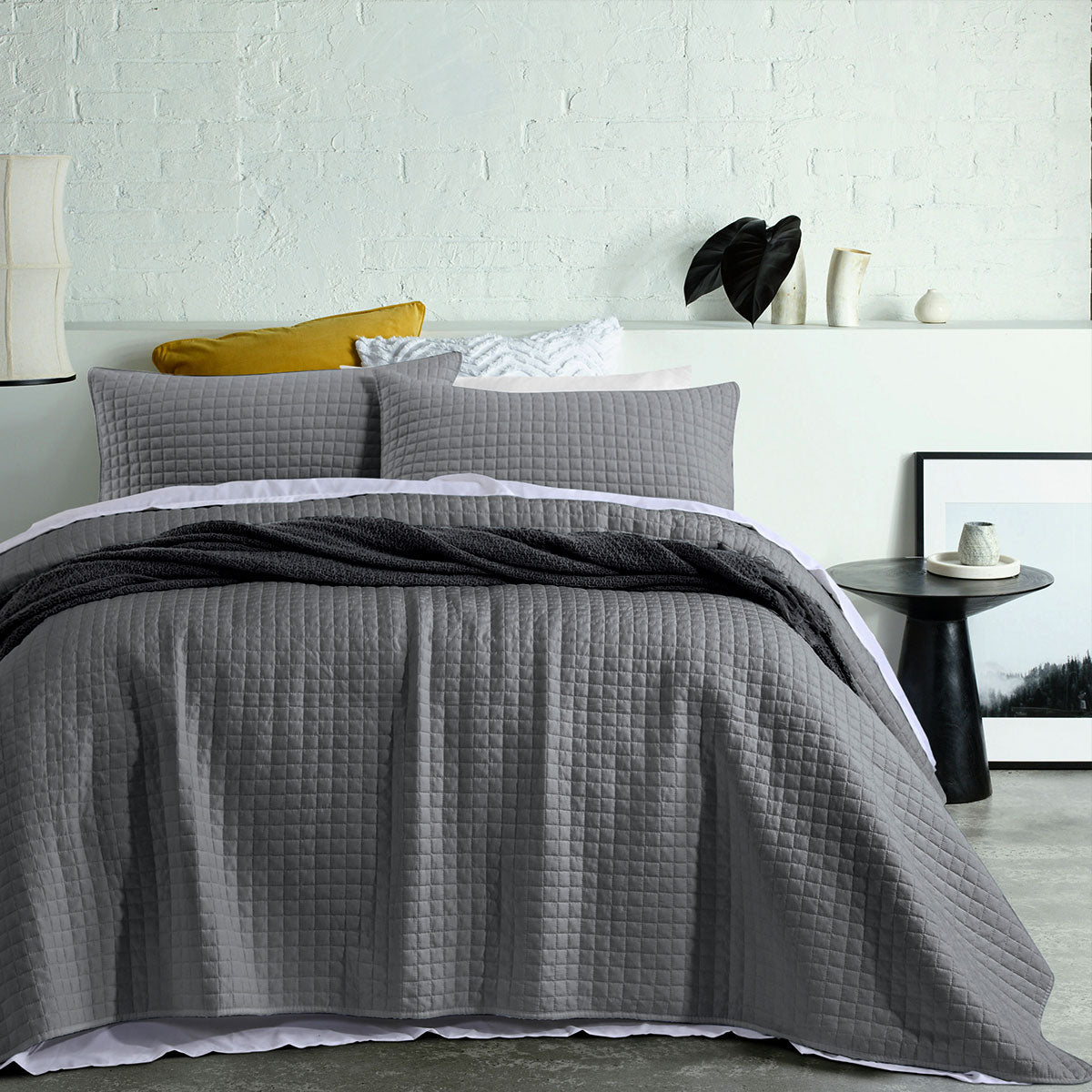 Zane Charcoal Coverlet Set featuring quilted lattice design, soft brushed polyester fabric, and includes coverlet and pillowcases.