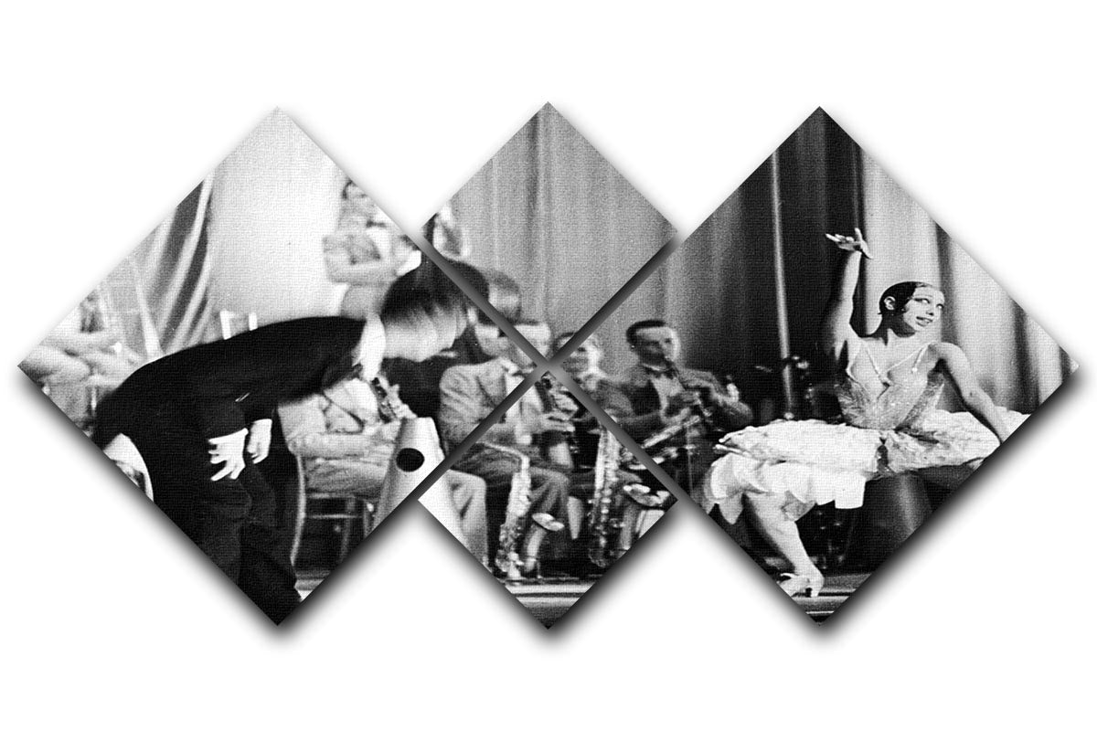 A vibrant 4-square canvas artwork featuring actress Josephine Baker, divided into four equal panels, showcasing her elegance and charm.