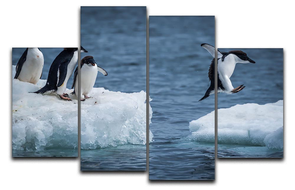 A vibrant 4-panel canvas artwork depicting an Adelie penguin jumping between two ice floes, showcasing dynamic movement and icy scenery.