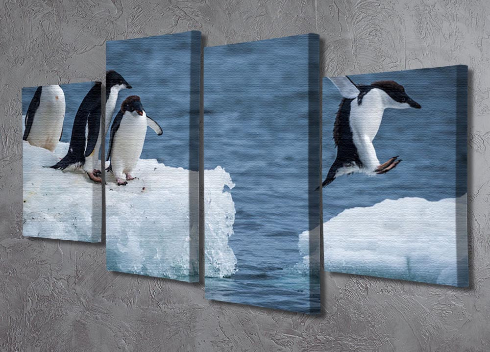 A vibrant 4-panel canvas artwork depicting an Adelie penguin jumping between two ice floes, showcasing dynamic movement and icy scenery.