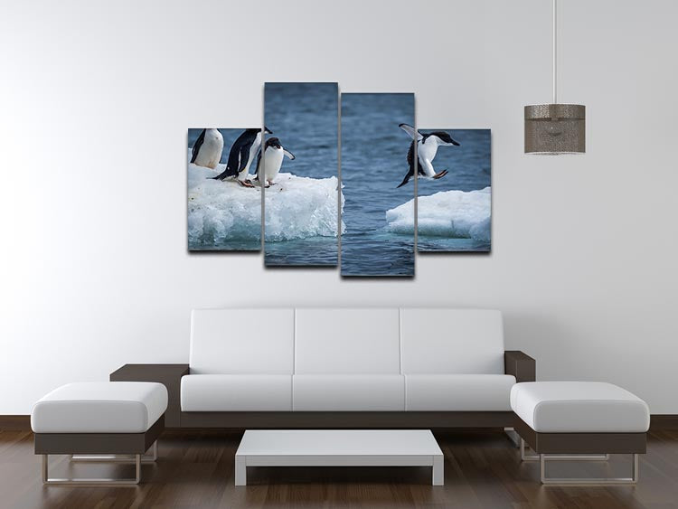 A vibrant 4-panel canvas artwork depicting an Adelie penguin jumping between two ice floes, showcasing dynamic movement and icy scenery.