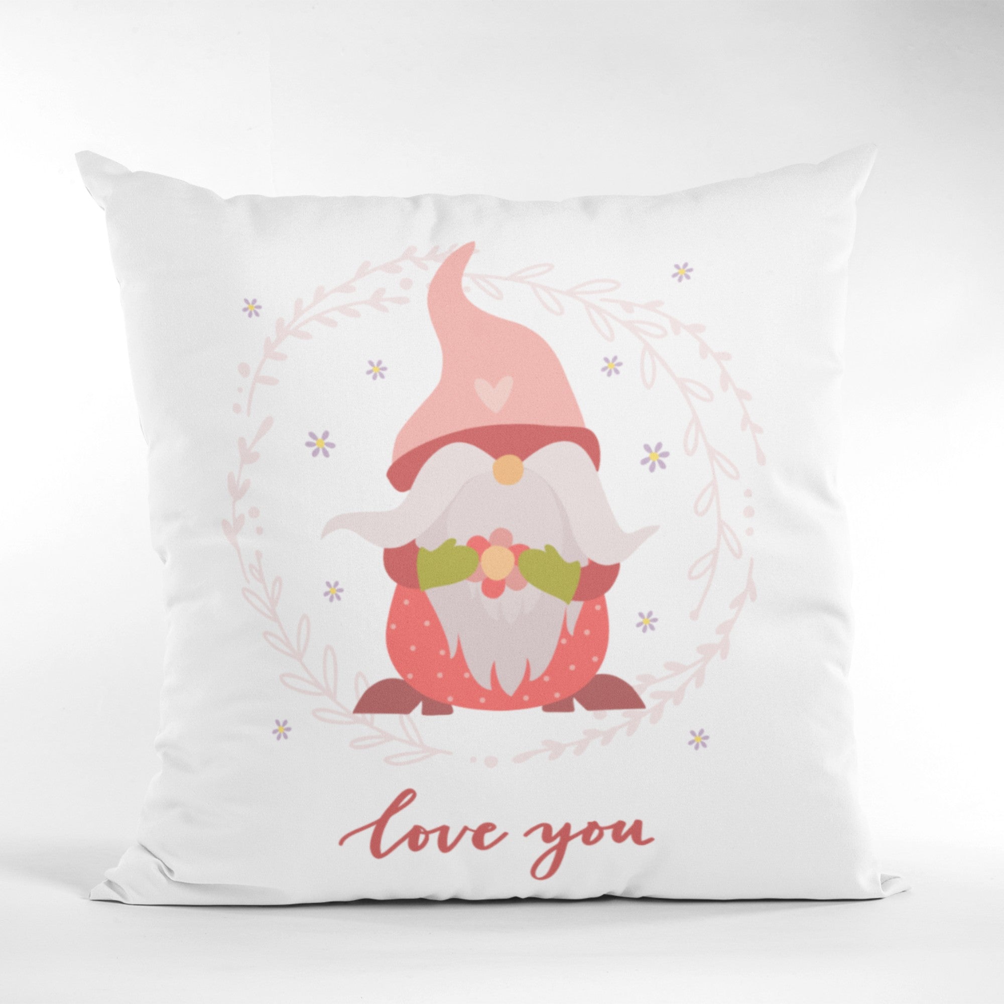Adorable Gnome Love You Pattern Throw Pillow Cushion featuring a whimsical gnome design in pink, green, and aqua colors.