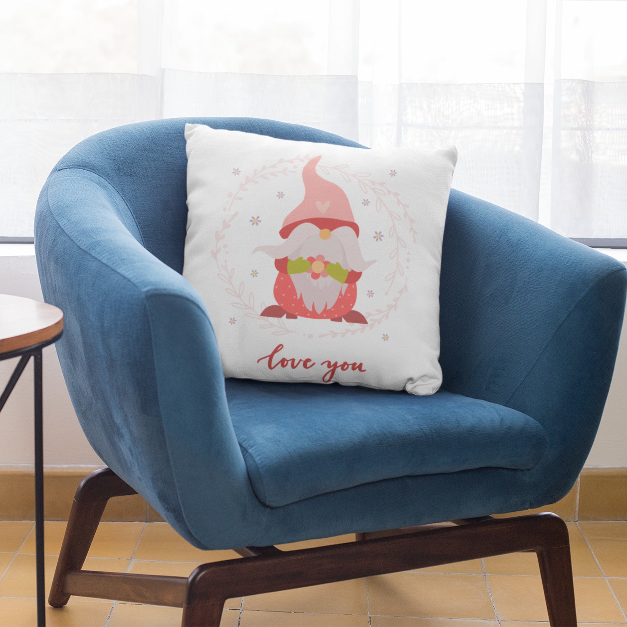 Adorable Gnome Love You Pattern Throw Pillow Cushion featuring a whimsical gnome design in pink, green, and aqua colors.