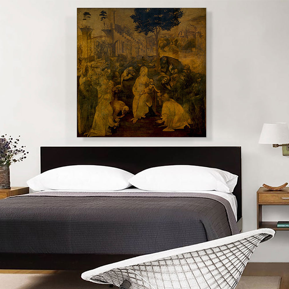 Canvas print of the Adoration of the Magi depicting the Wise Men presenting gifts to the newborn Jesus.