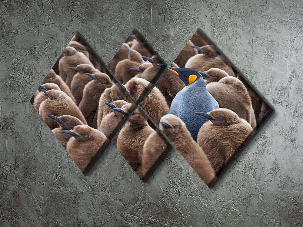 Adult King Penguin Aptenodytes patagonicus standing elegantly among a large canvas artwork, showcasing its vibrant colors and regal posture.