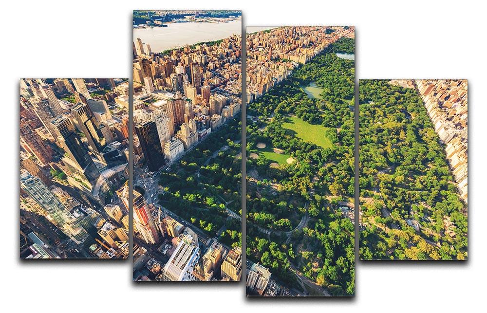 Aerial view of Central Park displayed on a 4-panel split canvas, showcasing vibrant greenery and cityscape.