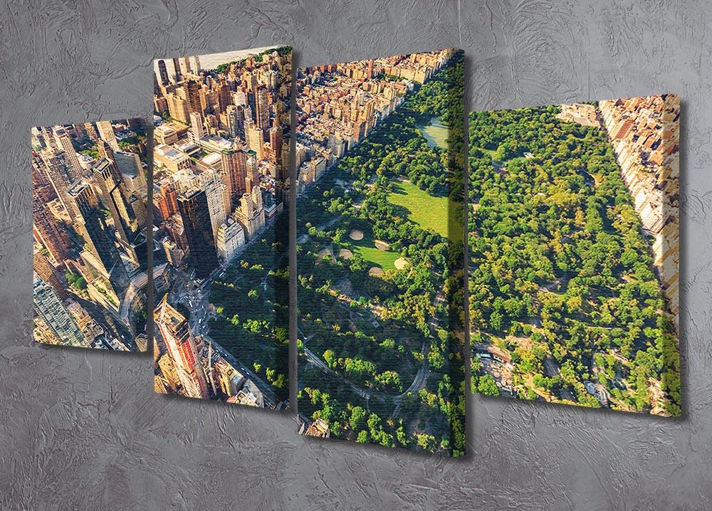 Aerial view of Central Park displayed on a 4-panel split canvas, showcasing vibrant greenery and cityscape.