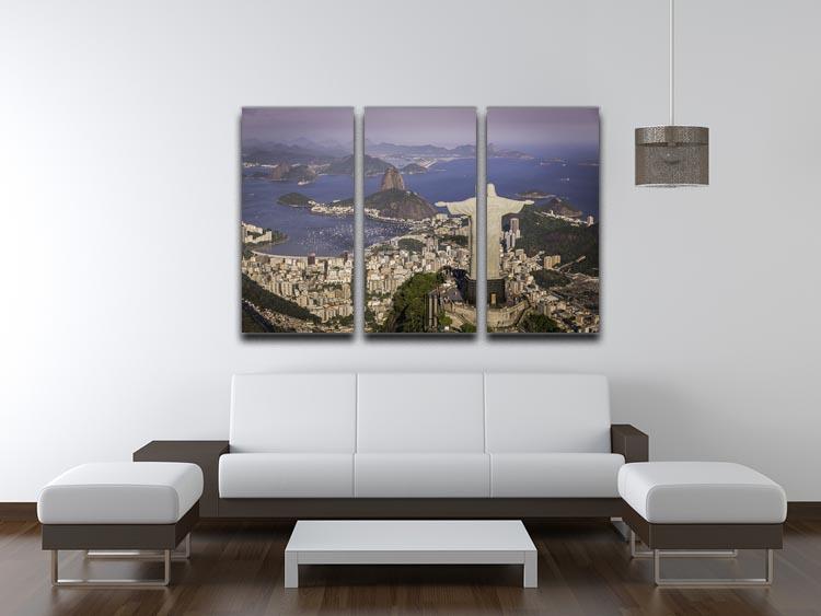 Aerial view of Christ the Redeemer and Botafogo Bay captured in a stunning 3-panel canvas print, showcasing vibrant colors and intricate details.