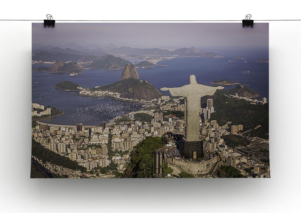 Aerial view of Christ the Redeemer statue overlooking Botafogo Bay, beautifully printed on canvas.