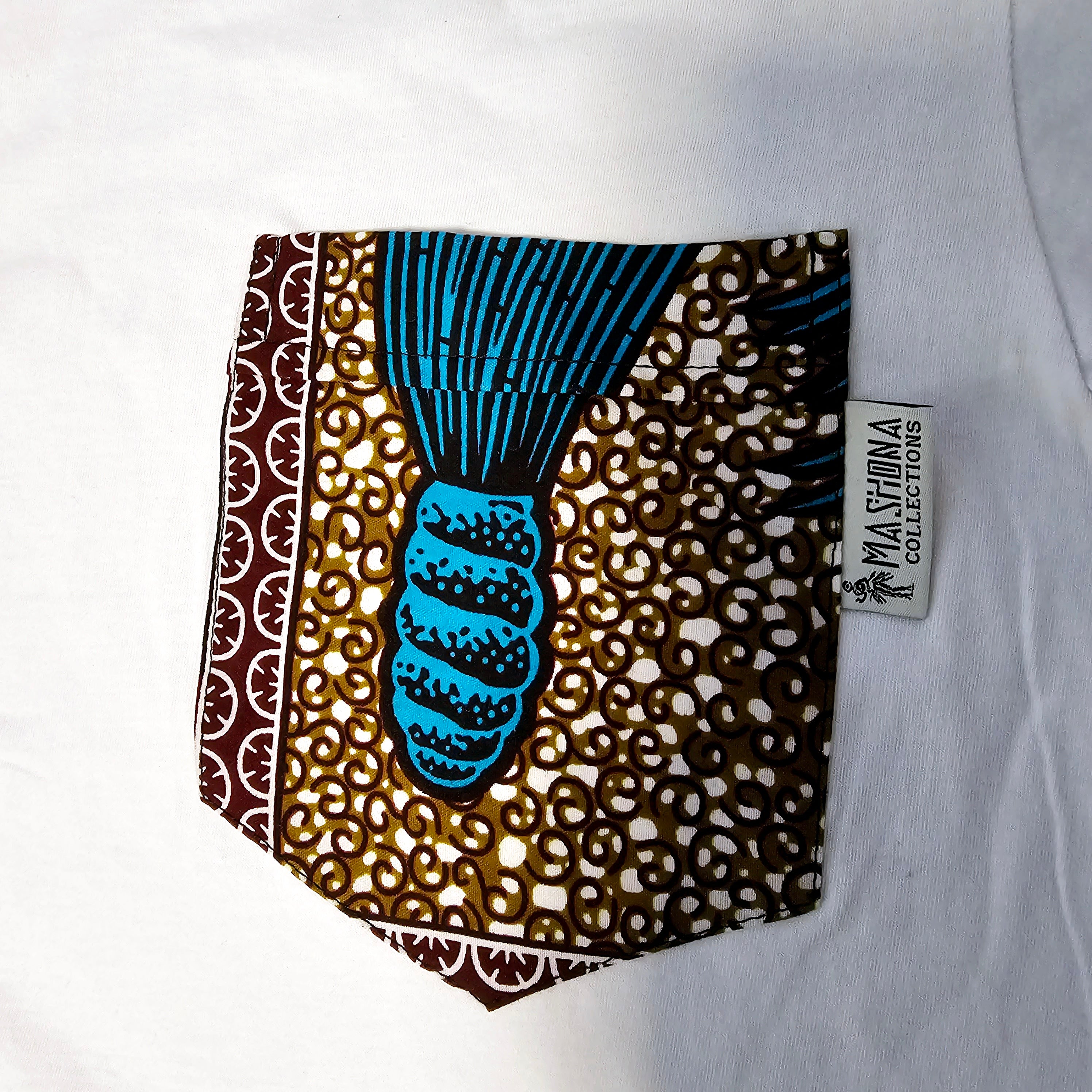 Africa Print Detailed T-Shirt featuring Ankara design and pocket, made from soft cotton jersey, ideal for casual wear.