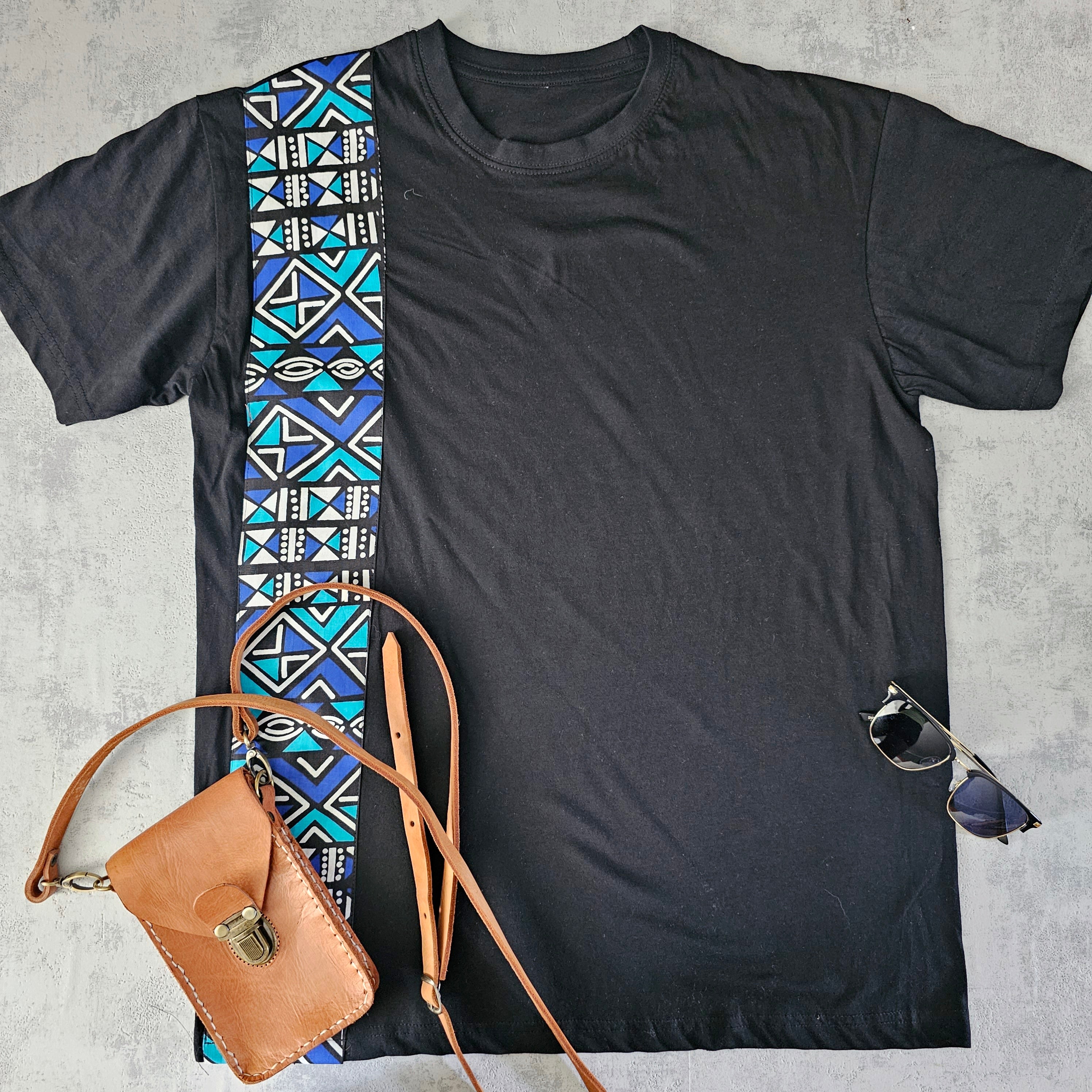 Africa Print Detailed T-Shirt featuring Bogolan print detail and pocket, made from soft black cotton jersey.