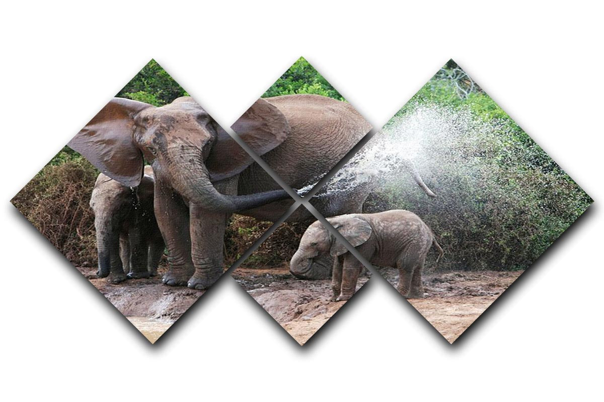 A beautiful 4-square canvas artwork featuring an African elephant mother and baby cooling off, showcasing their bond in a serene setting.