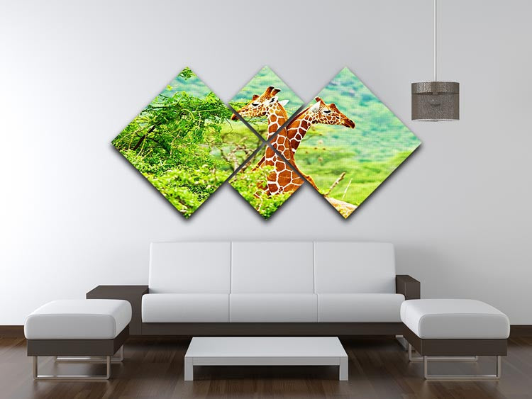 A beautiful multi-panel canvas artwork featuring a family of African giraffes, divided into four equal square sections, showcasing vibrant colors and intricate details.