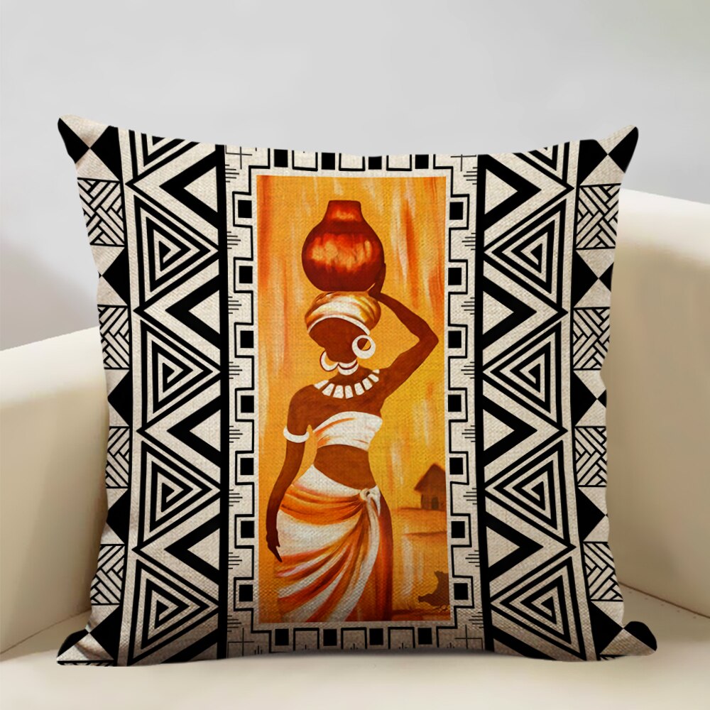 A vibrant African Painting Printed Cushion Cover showcasing intricate designs and colors, perfect for home decor.