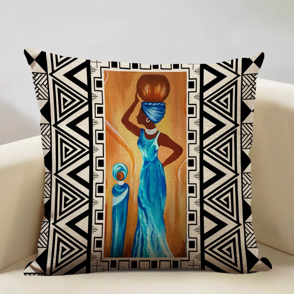 A vibrant African Painting Printed Cushion Cover showcasing intricate designs and colors, perfect for home decor.