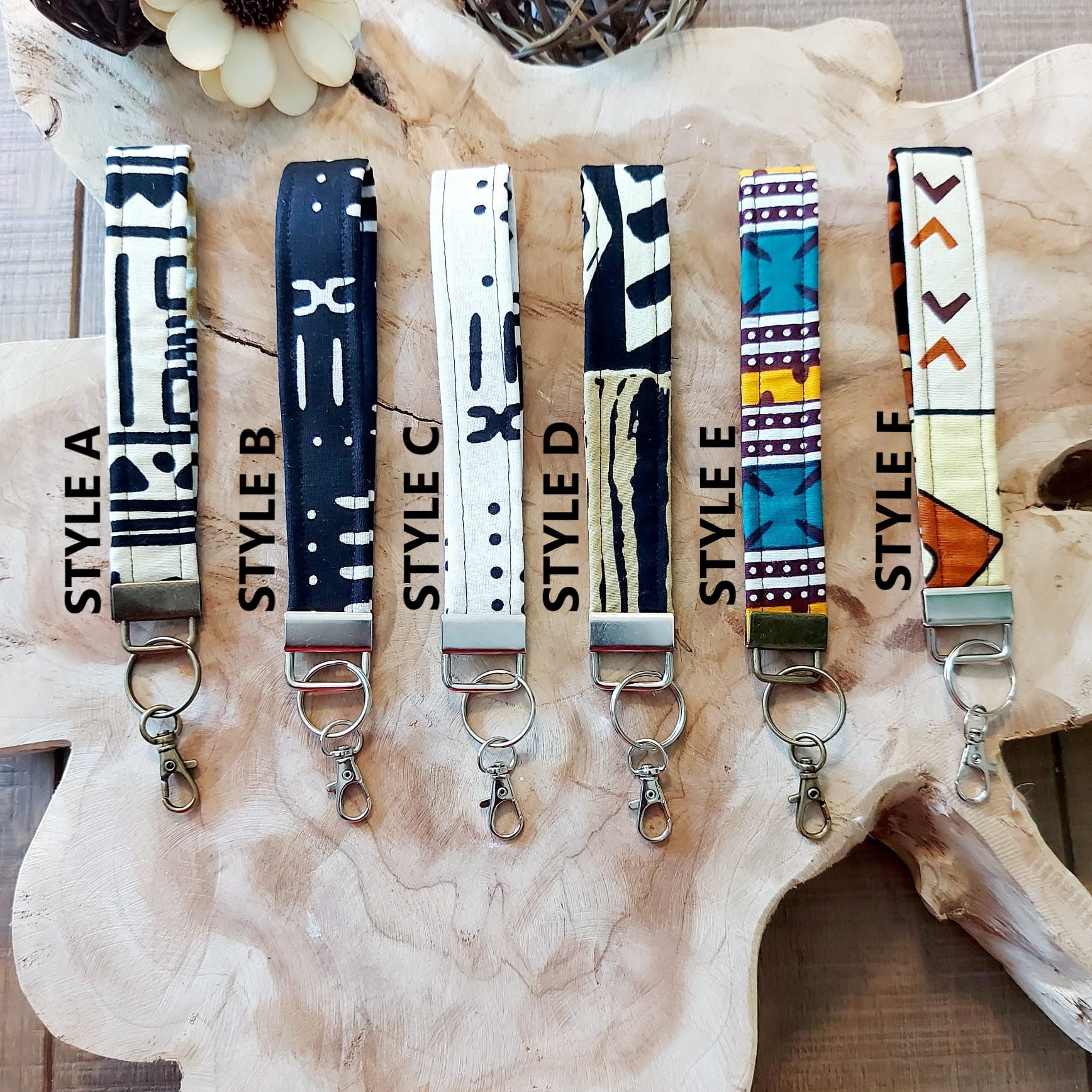 African Print and Leather Key Fob wristlet key holder featuring vibrant patterns and vegan leather lining.