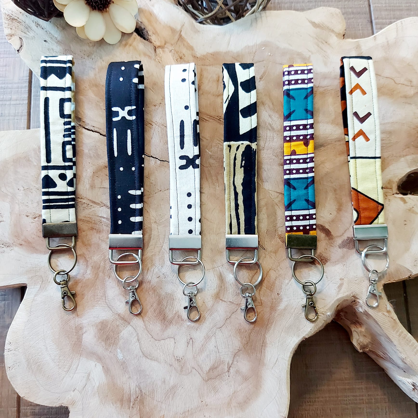 African Print and Leather Key Fob wristlet key holder featuring vibrant patterns and vegan leather lining.