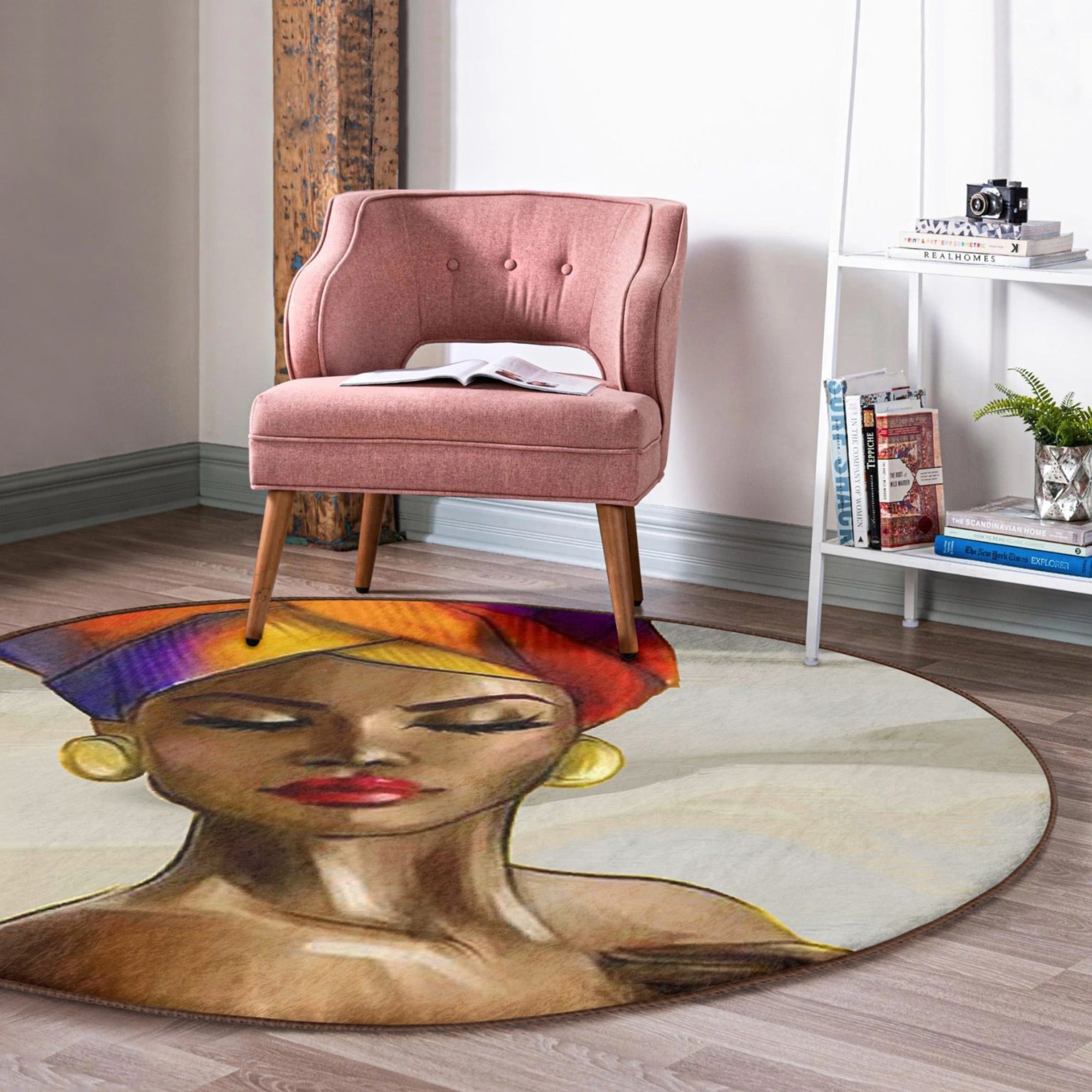 A vibrant African Round Rug featuring ethnic patterns, made from soft velvet fabric, perfect for home decor.
