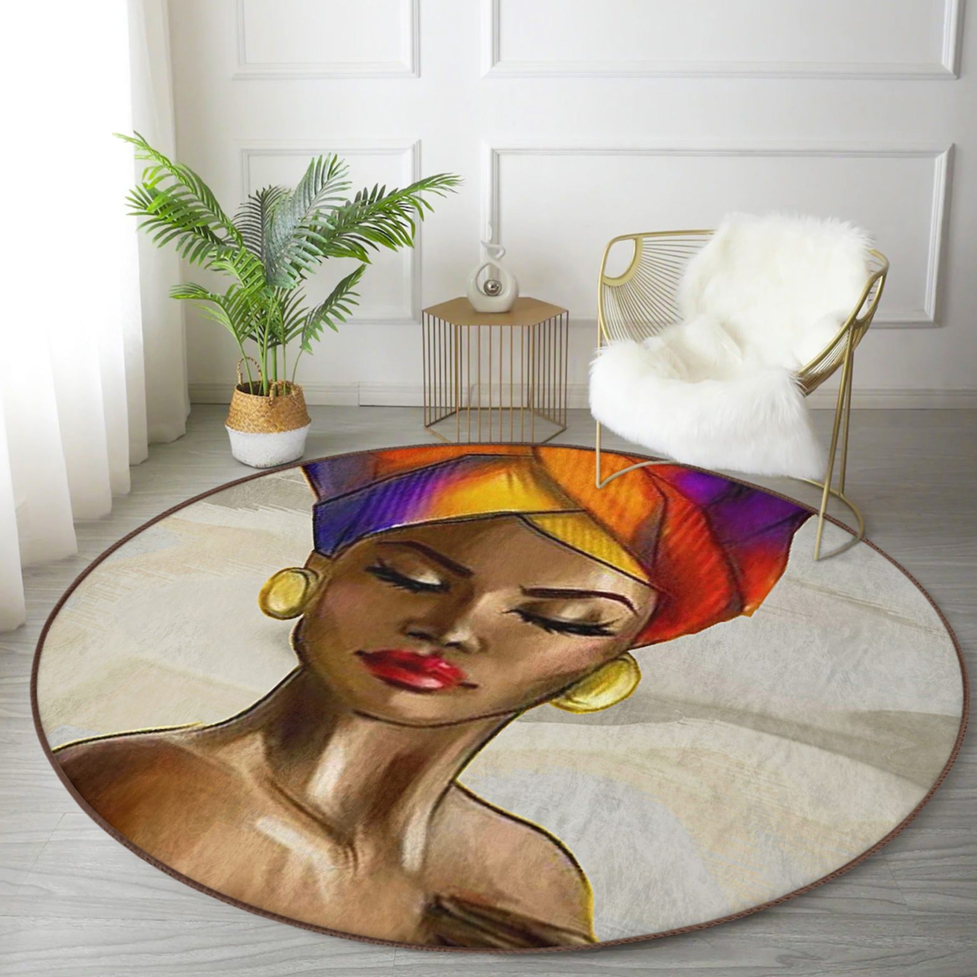 A vibrant African Round Rug featuring ethnic patterns, made from soft velvet fabric, perfect for home decor.