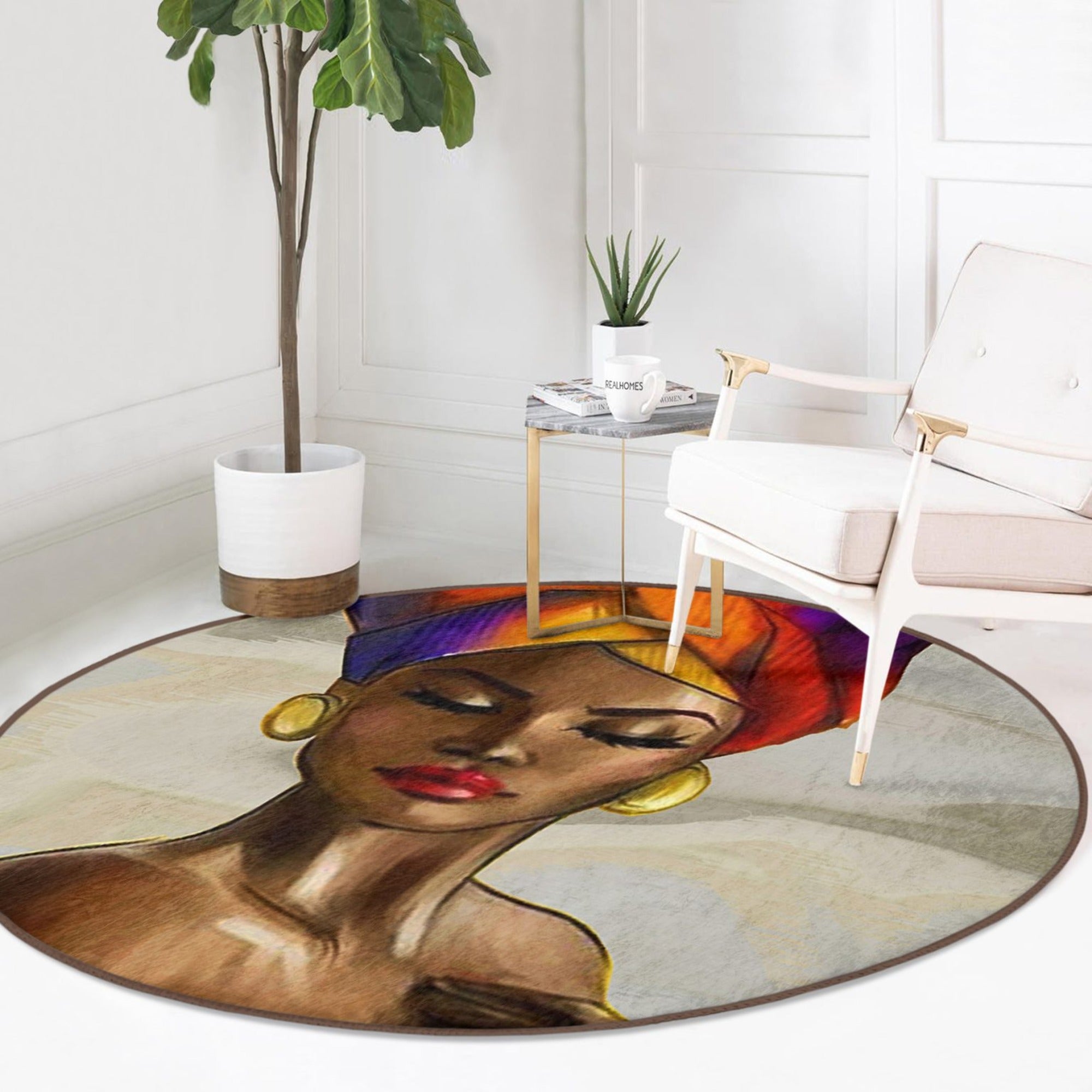 A vibrant African Round Rug featuring ethnic patterns, made from soft velvet fabric, perfect for home decor.