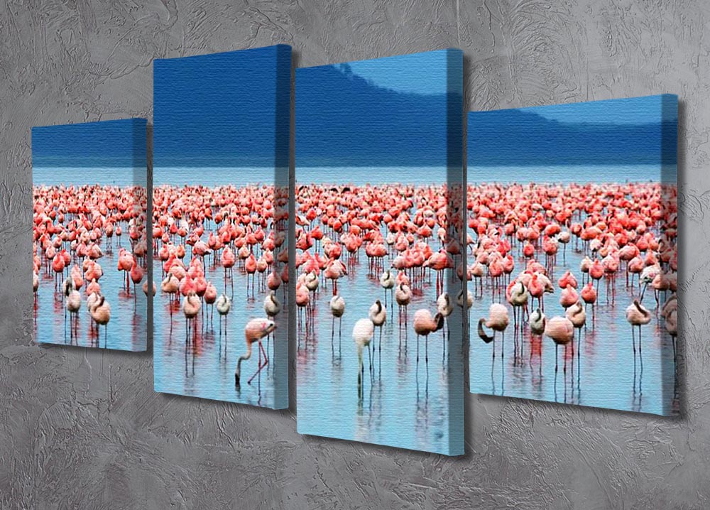 A vibrant 4-panel canvas artwork depicting flamingos in a serene African lake, showcasing their elegance and beauty.