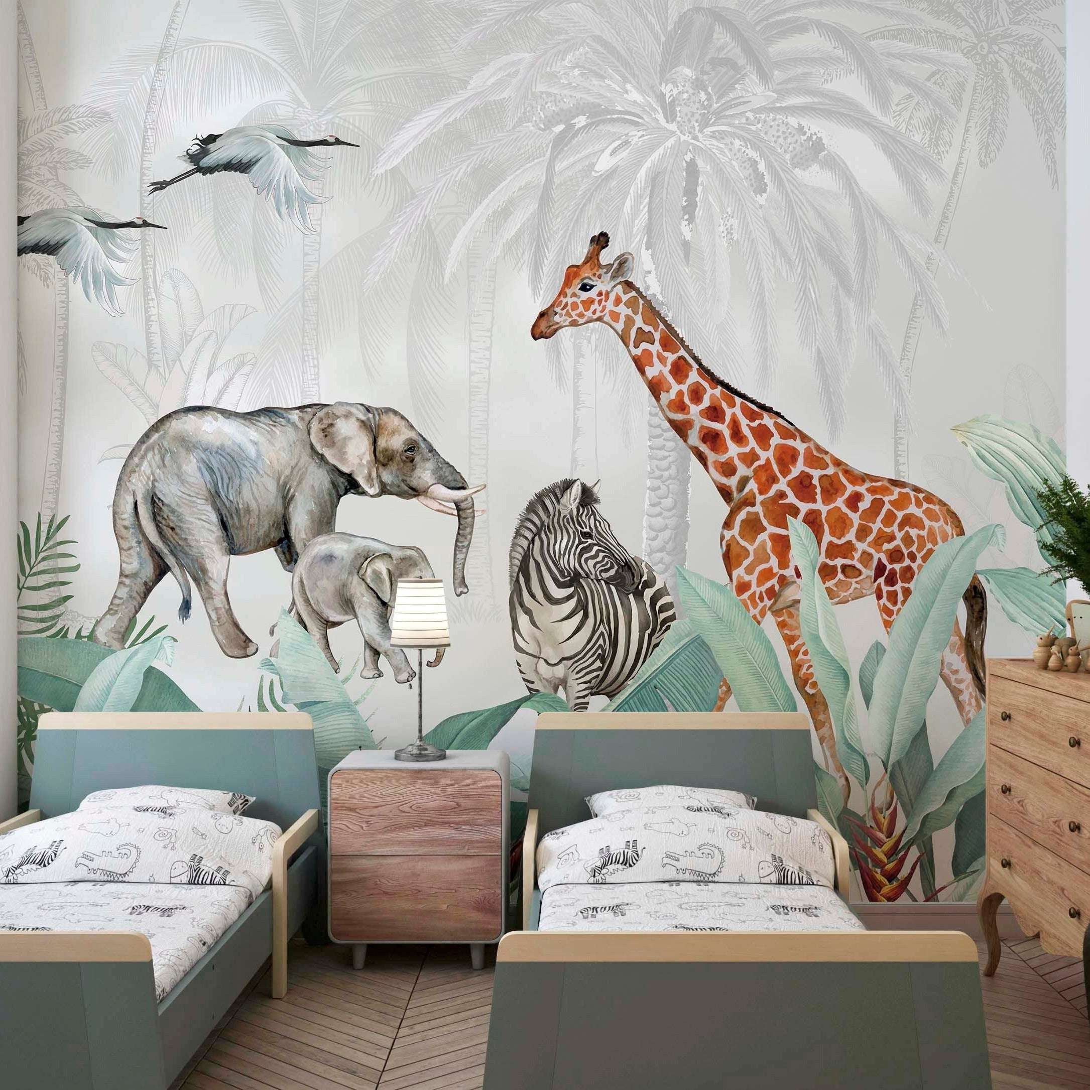 A vibrant African Safari Mural showcasing exotic wildlife in a lush savannah landscape, perfect for home decor.