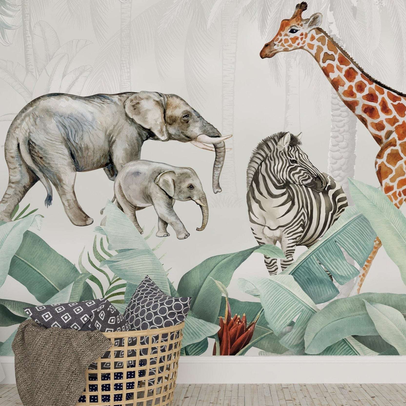 A vibrant African Safari Mural showcasing exotic wildlife in a lush savannah landscape, perfect for home decor.