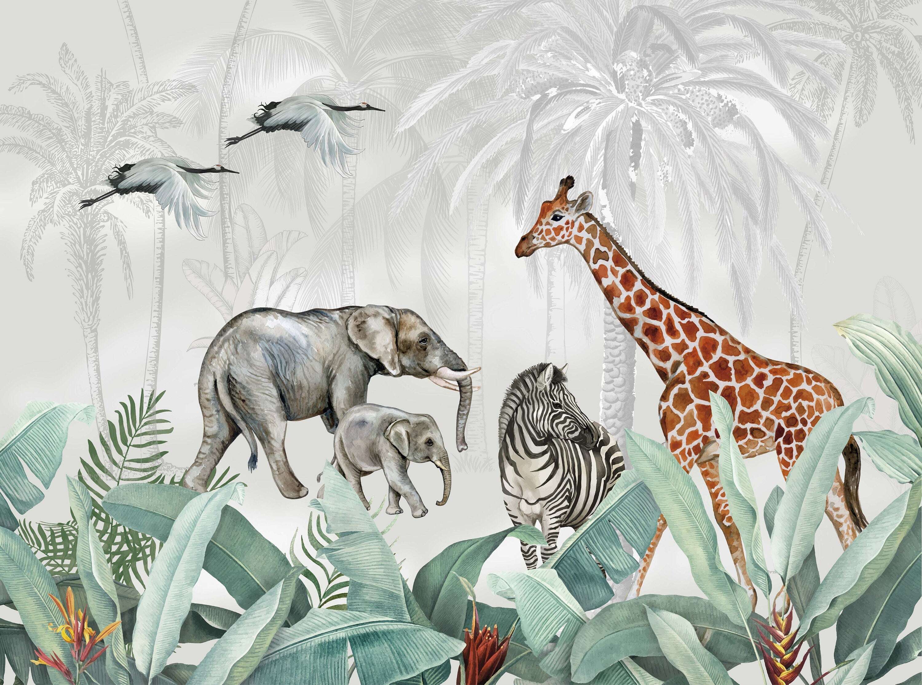 A vibrant African Safari Mural showcasing exotic wildlife in a lush savannah landscape, perfect for home decor.
