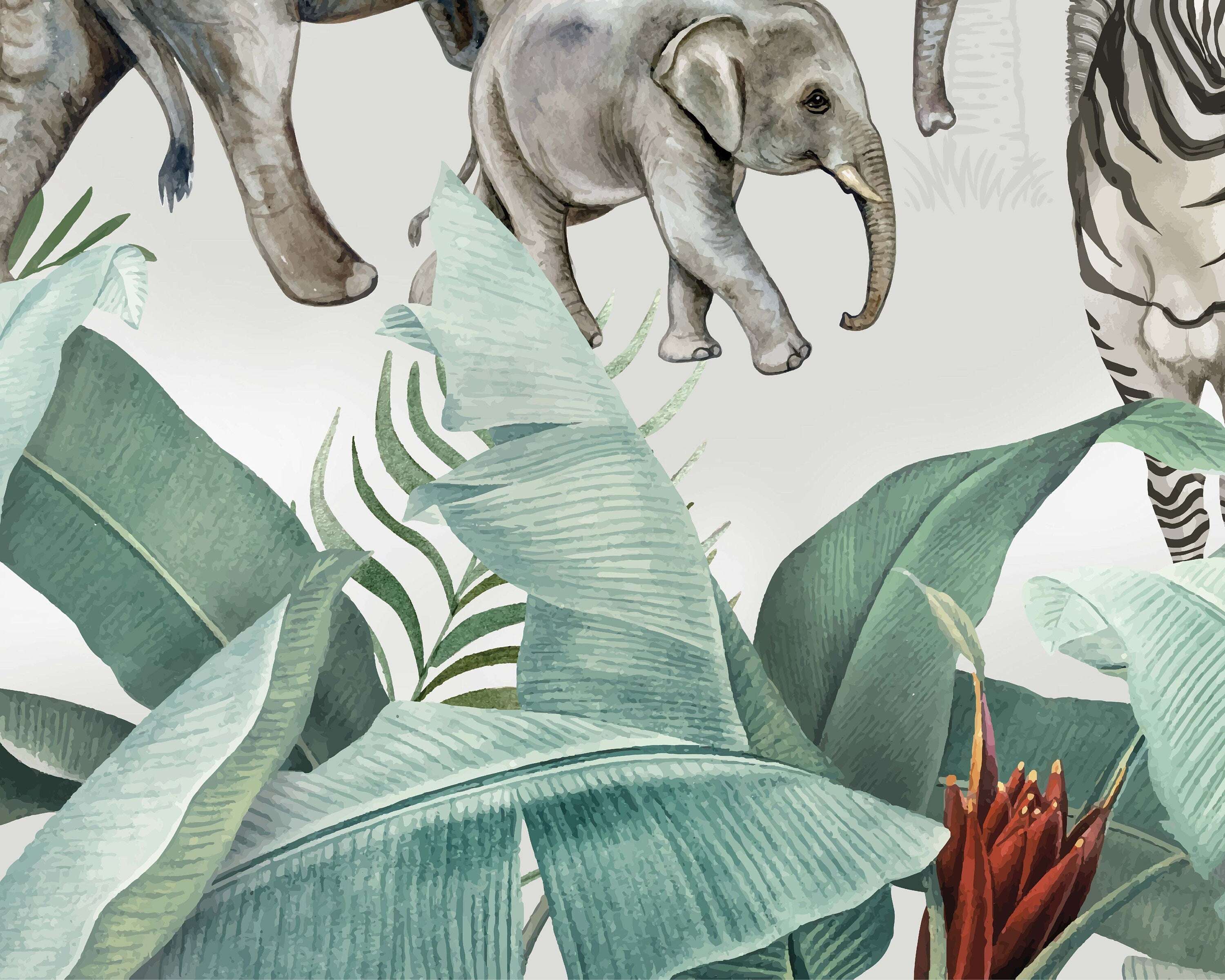 A vibrant African Safari Mural showcasing exotic wildlife in a lush savannah landscape, perfect for home decor.