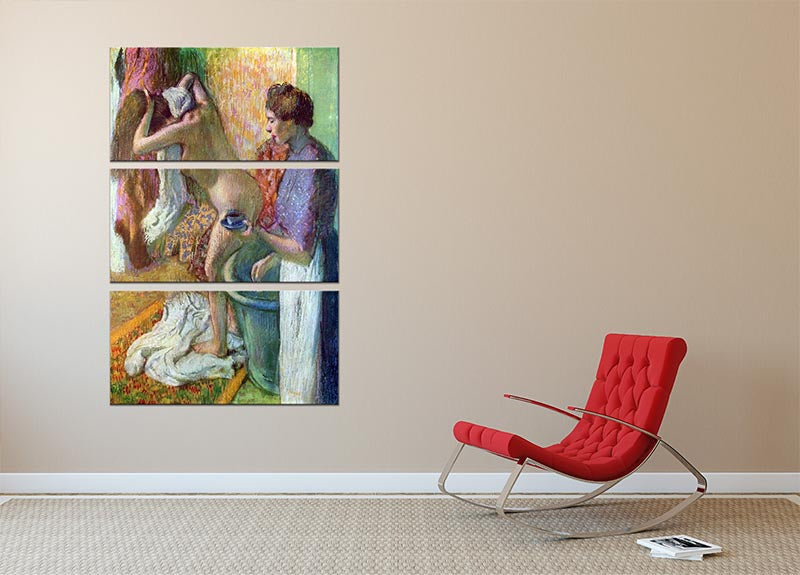 Three-panel canvas print of Degas's After Bathing 1, showcasing elegant art for home decor.