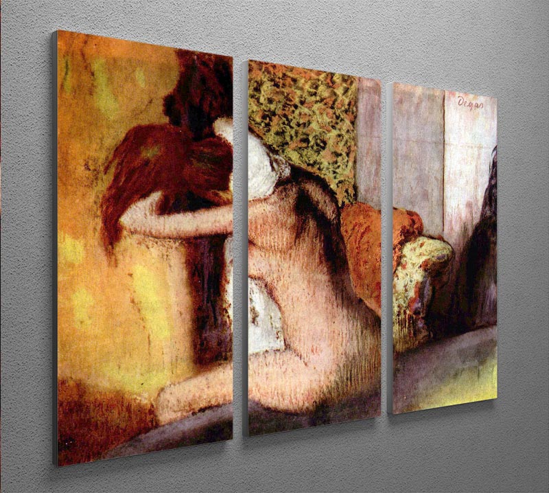Three-panel canvas print of Degas's After Bathing 2, showcasing elegant bathing scene in soft colors.