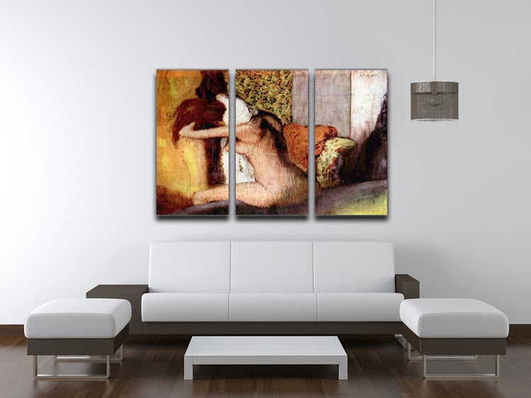 Three-panel canvas print of Degas's After Bathing 2, showcasing elegant bathing scene in soft colors.