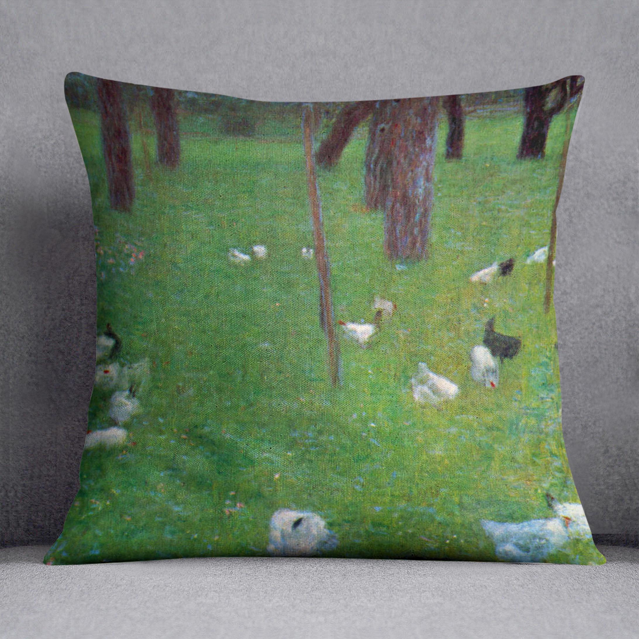 Vibrant Klimt cushion featuring abstract design of a garden with chickens, made from luxurious vegan faux suede.