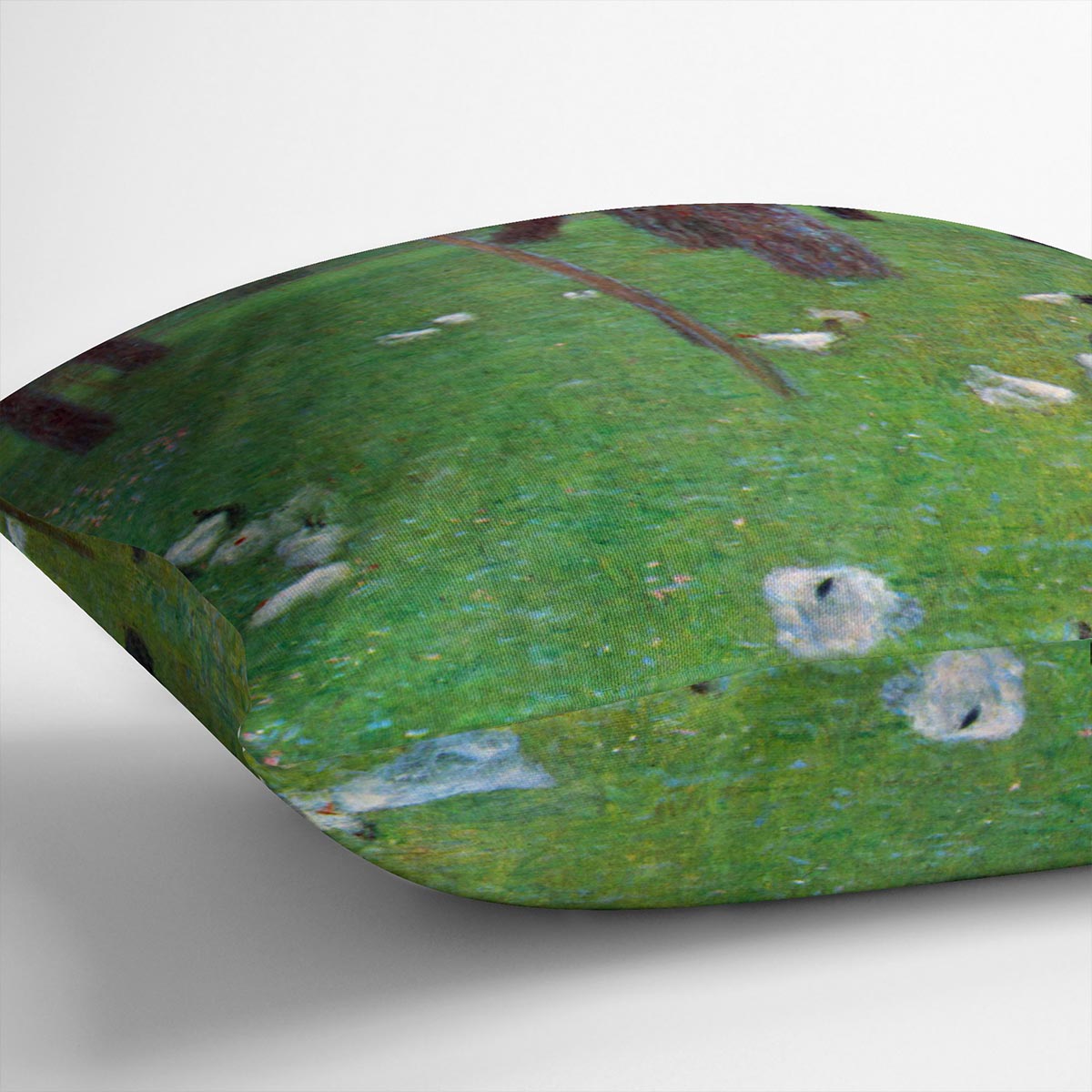 Vibrant Klimt cushion featuring abstract design of a garden with chickens, made from luxurious vegan faux suede.